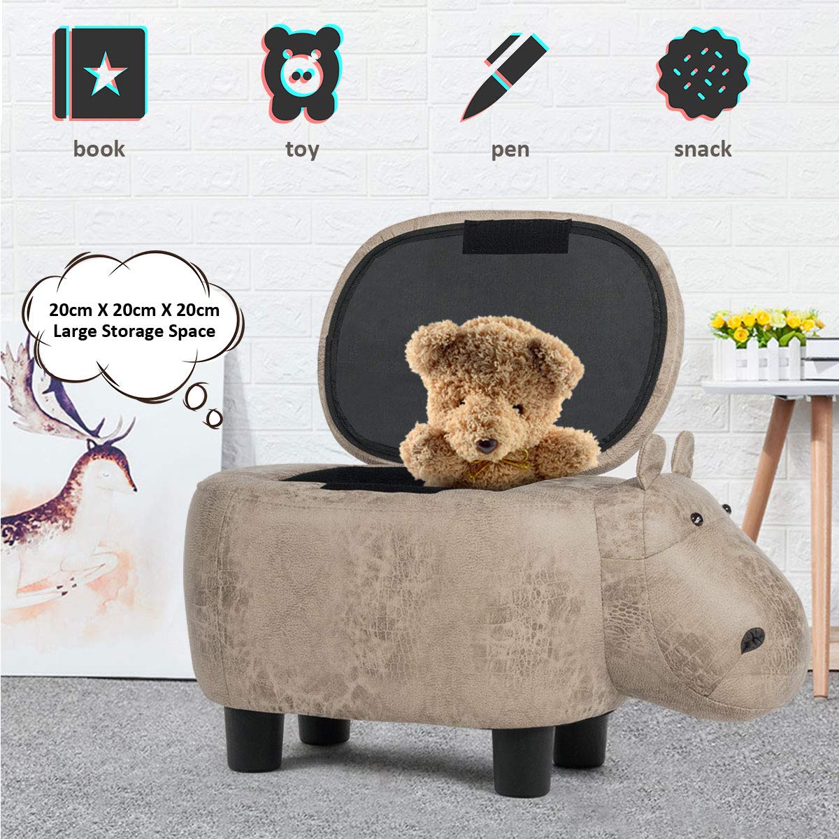 Giantex Storage Footrest Ottoman, Cute Animal Footstool, Hippo Upholstered Storage Ottoman w/Suede Fabric