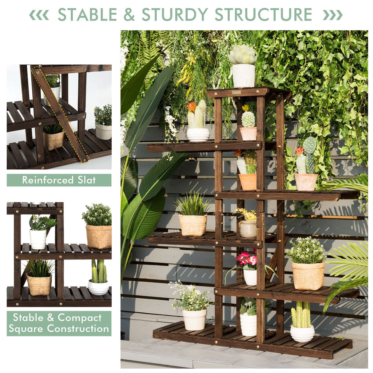 Giantex 6-Tier Wooden Plant Stand for Indoor & Outdoor, 12 Potted Plant Display Holder Carbonized Fir Wood