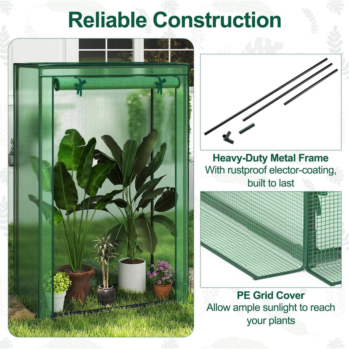 Portable Mini Greenhouse, Heavy Duty PE Cover, Elector-Coating Metal Frame