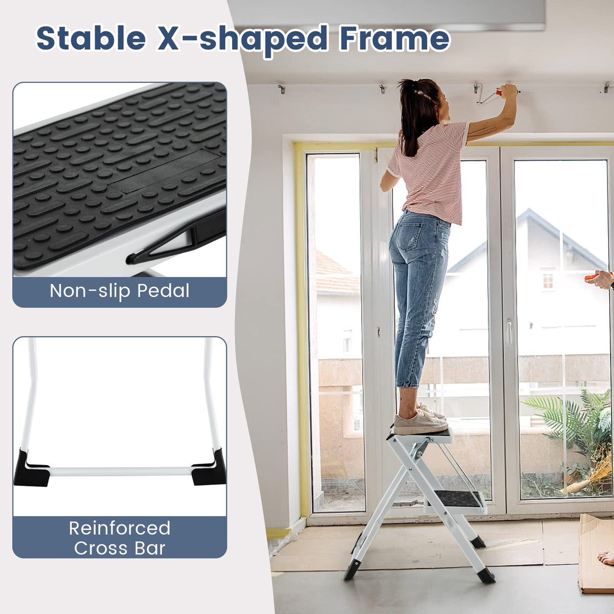 2 Step Ladder, Folding Step Stool with Heavy-Duty Metal Frame