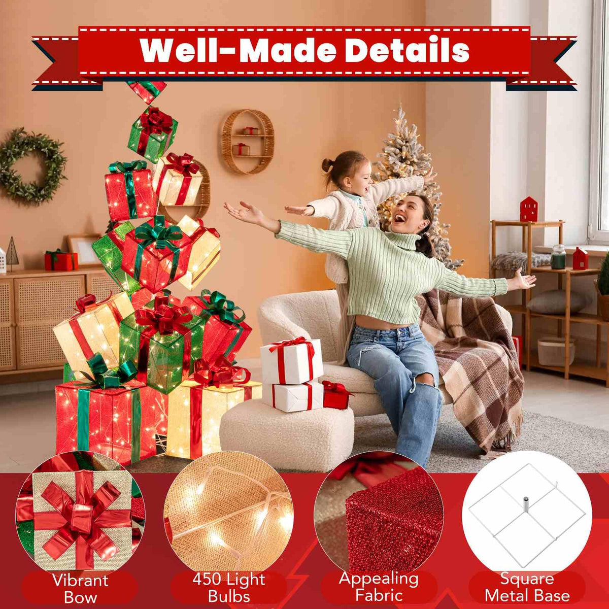 15 Pieces Staked Lighted Christmas Boxes with 450 Light Bulbs