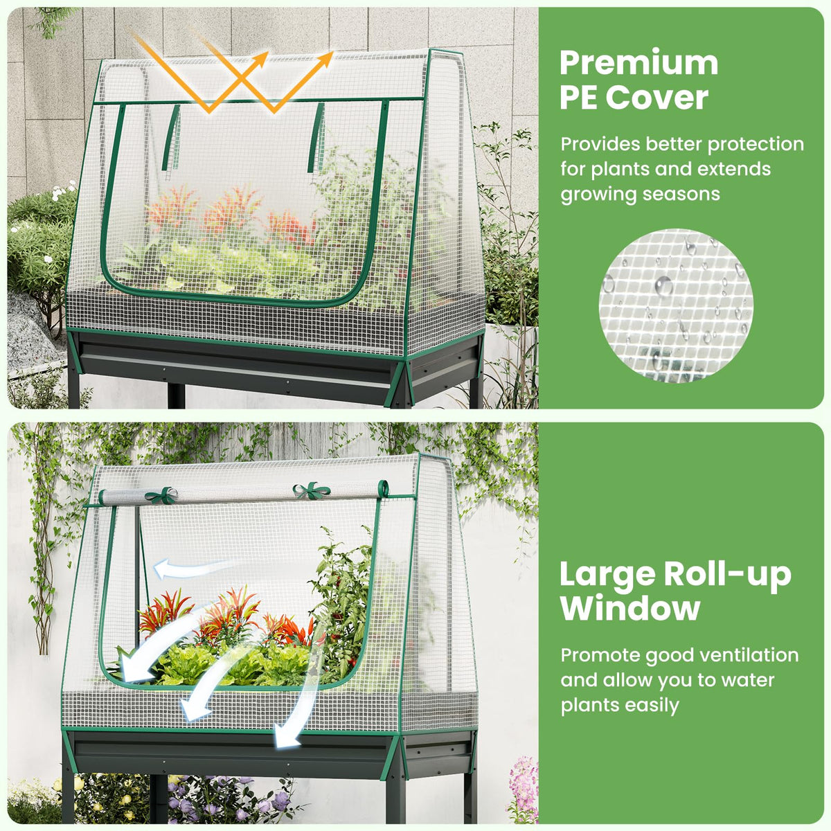 3-in-1 Raised Garden Bed with Greenhouse Cover and Trellis for Flower Herb Vegetable