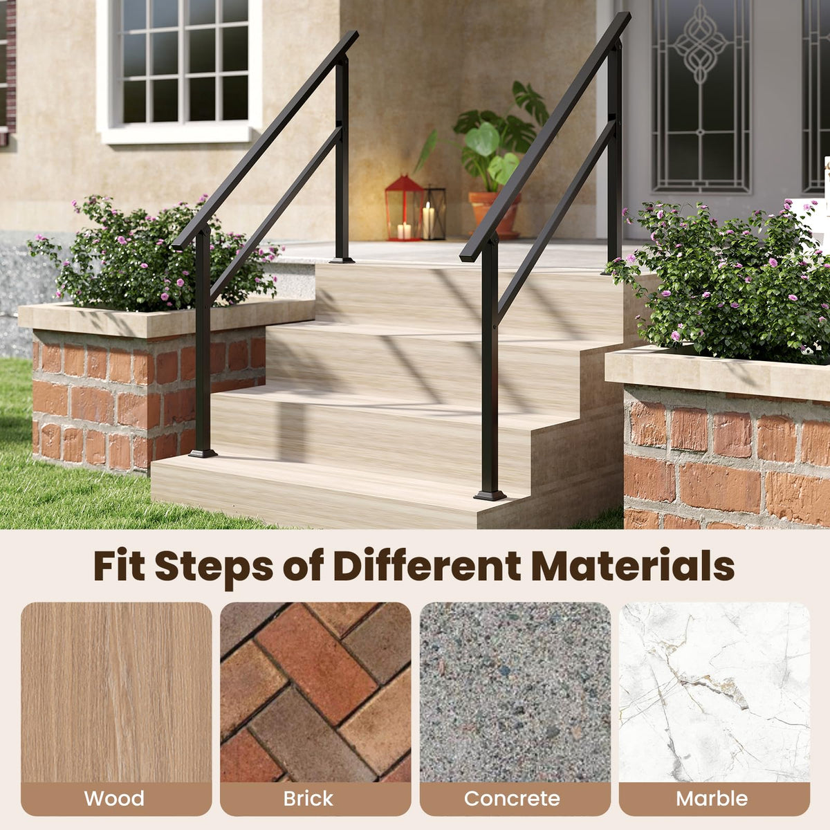2 Pcs Metal Handrail Fits 0-4 Steps with Flexible Angle Adjustment and Installation Kit for Outdoor Steps