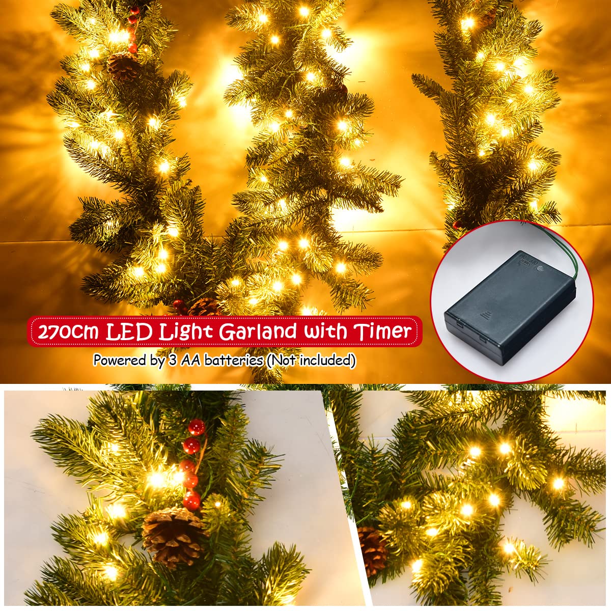 2.7m Pre-lit Christmas Pine Garland with 100 LED Lights and 200 Tips