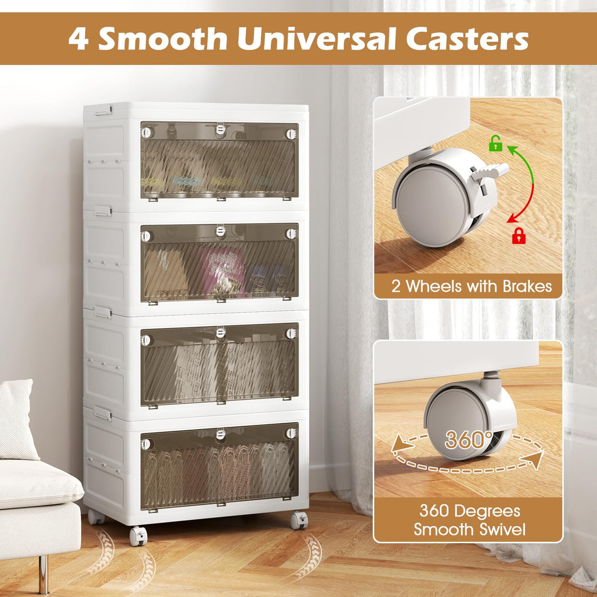Collapsible Closet Storage Organizer with Wheels for Bedroom Living Room, Easy Assembly (4-Tier)