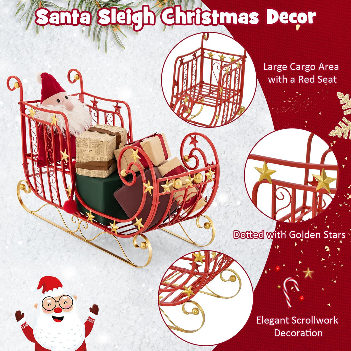 Red Santa Sleigh, Metal Christmas Santa Sleigh
