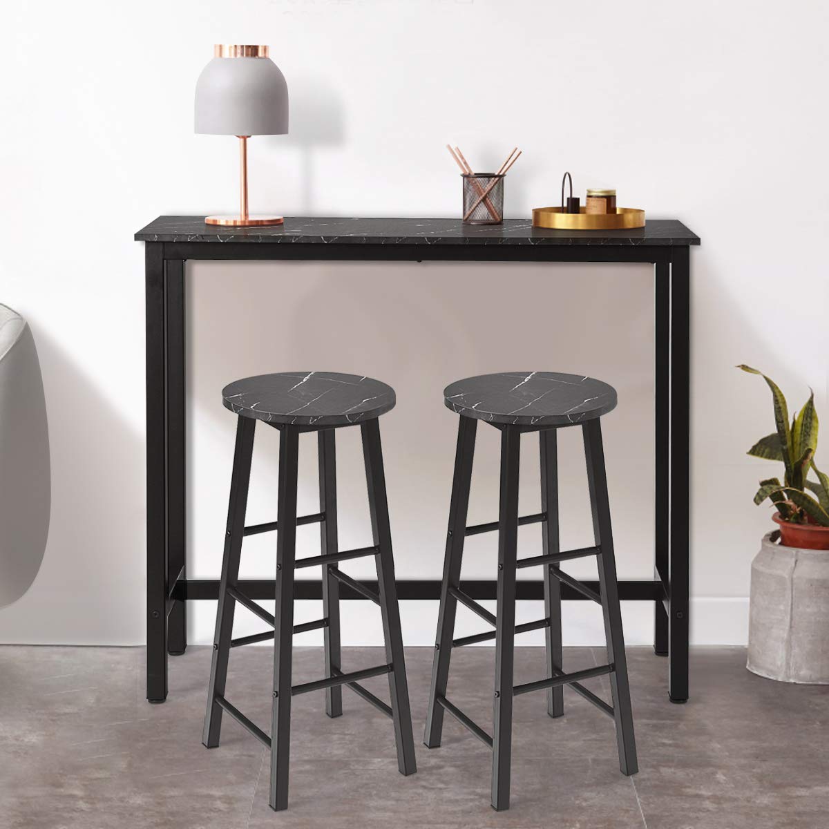 Dining Table Stools Set, 3PCS High Bar Table Set, w/Metal Frame & 2 Bar Stools