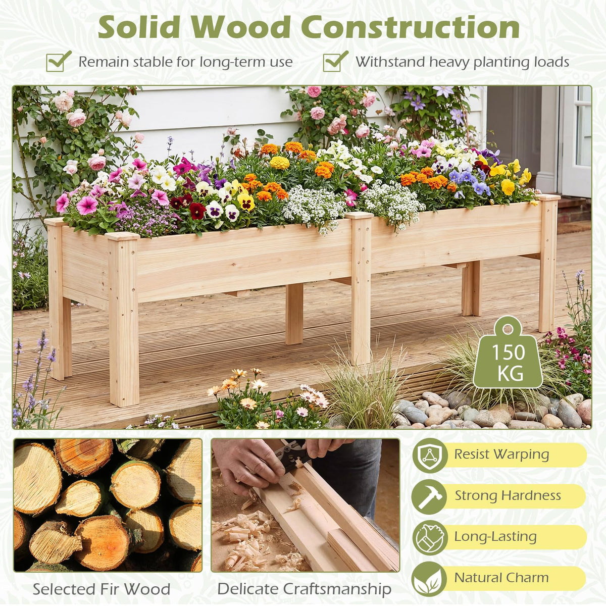 240 x 44 CM Fir Wood Raised Garden Bed with Legs, Drainage Holes for Vegetables Flowers Herbs