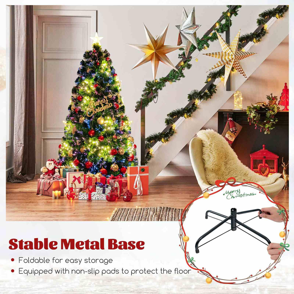 Pre-Lit Artificial 1.5M 1.8M Optical Fiber Christmas Tree with Star String Lights