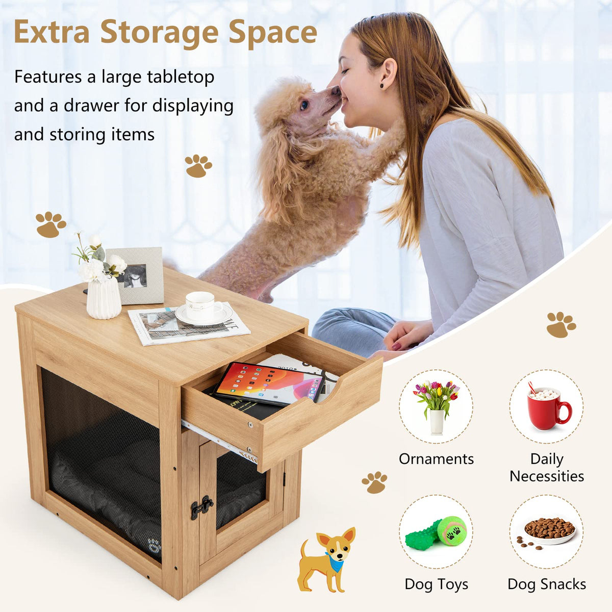 Furniture Style Dog Crate with Wired & Wireless Charging, Decorative Dog Kennel End Table w/Drawer, Removable Dog Bed