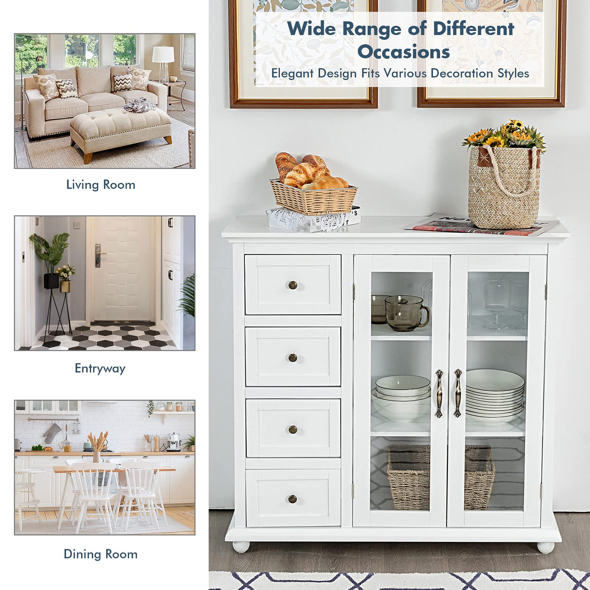 Giantex Buffet Sideboard, Kitchen Storage Cabinet w/ Clear Glass Doors, Dining Storage Sever (White)