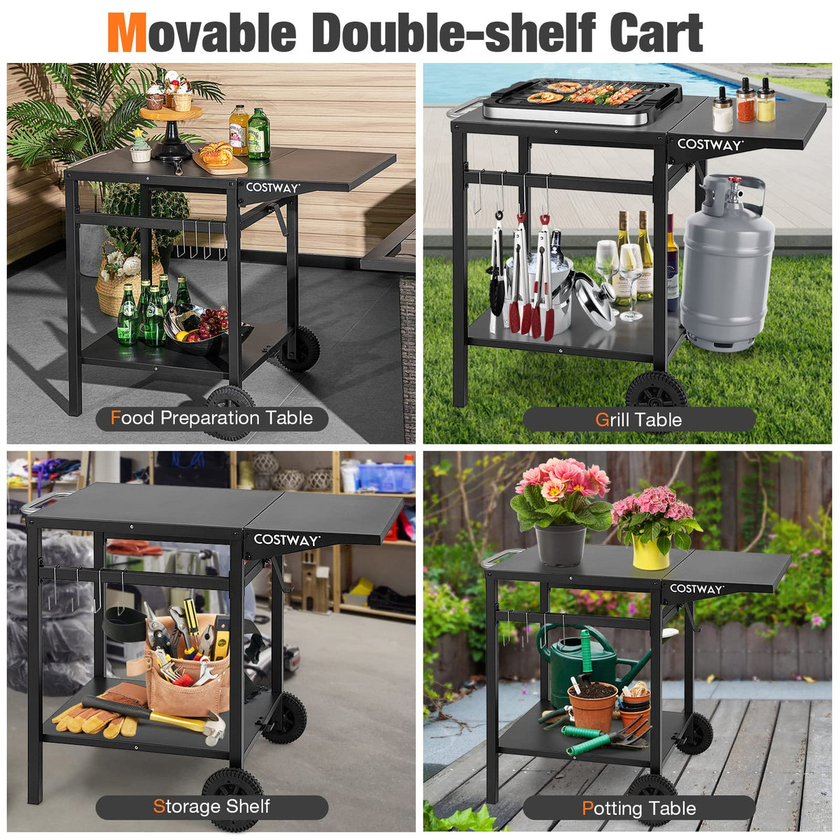 Movable Dining Cart Table, Double-Shelf Trolley with Folding Tabletop