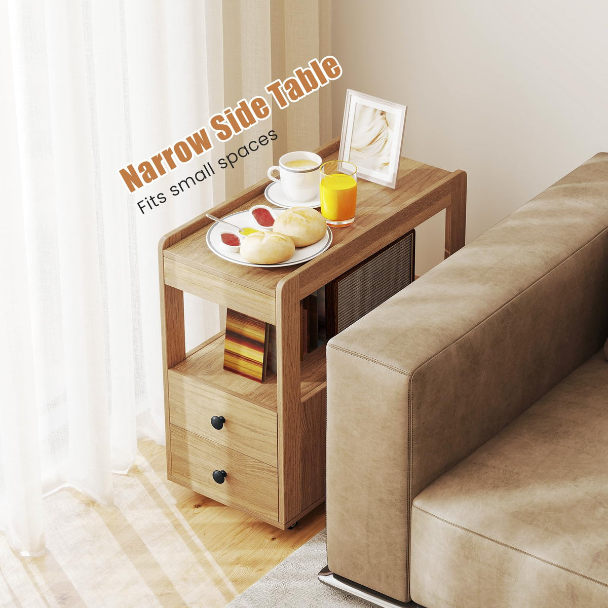 Narrow End Table, Modern 2-Drawer Sofa Side Table with Open Shelves