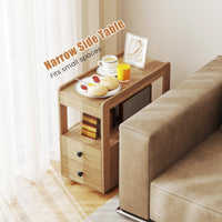 Narrow End Table, Modern 2-Drawer Sofa Side Table with Open Shelves