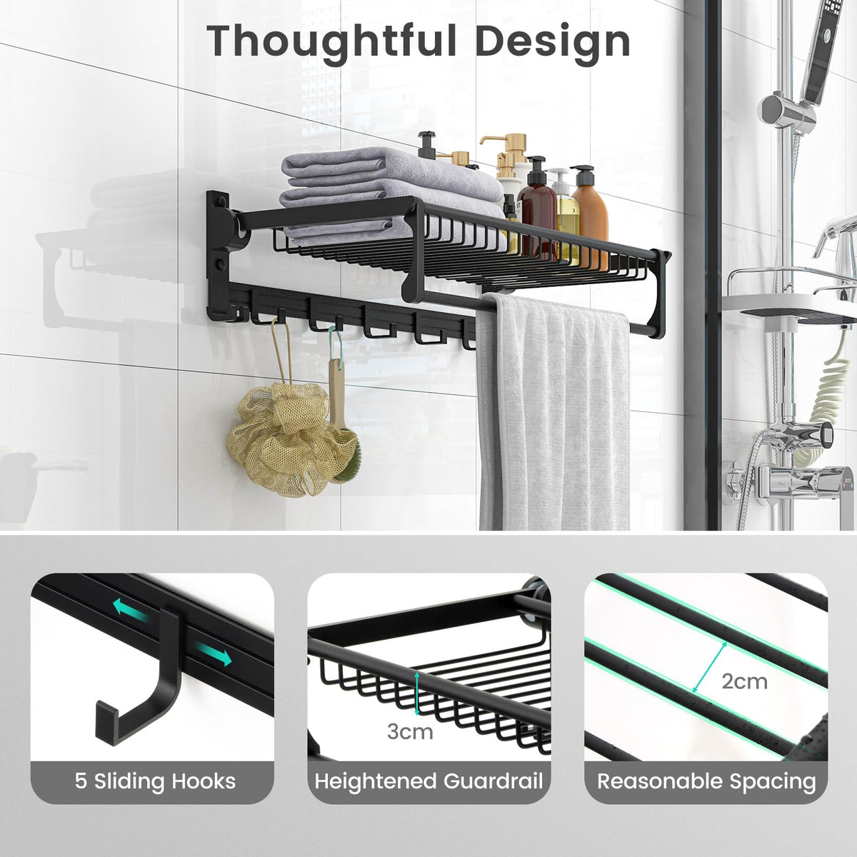 Giantex Foldable Bathroom Towel Rack, Wall Mounted Towel Shelf w/Adjustable Towel Bar & Movable Hooks