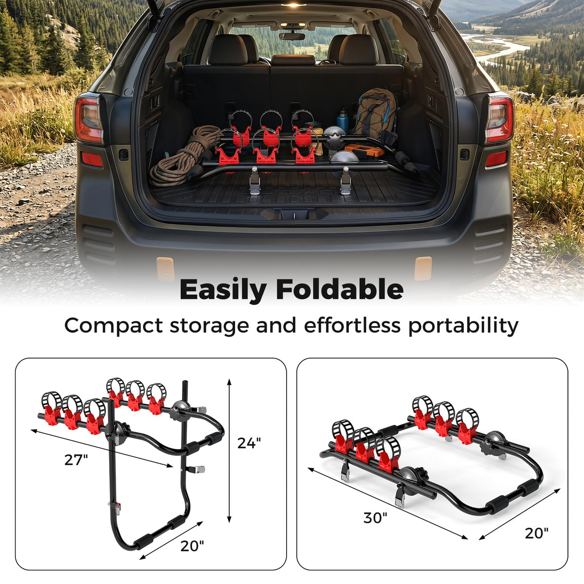 3-Bike Trunk Mount Bike Rack, Foldable Carbon Steel Bicycle Carrier for Hatchback