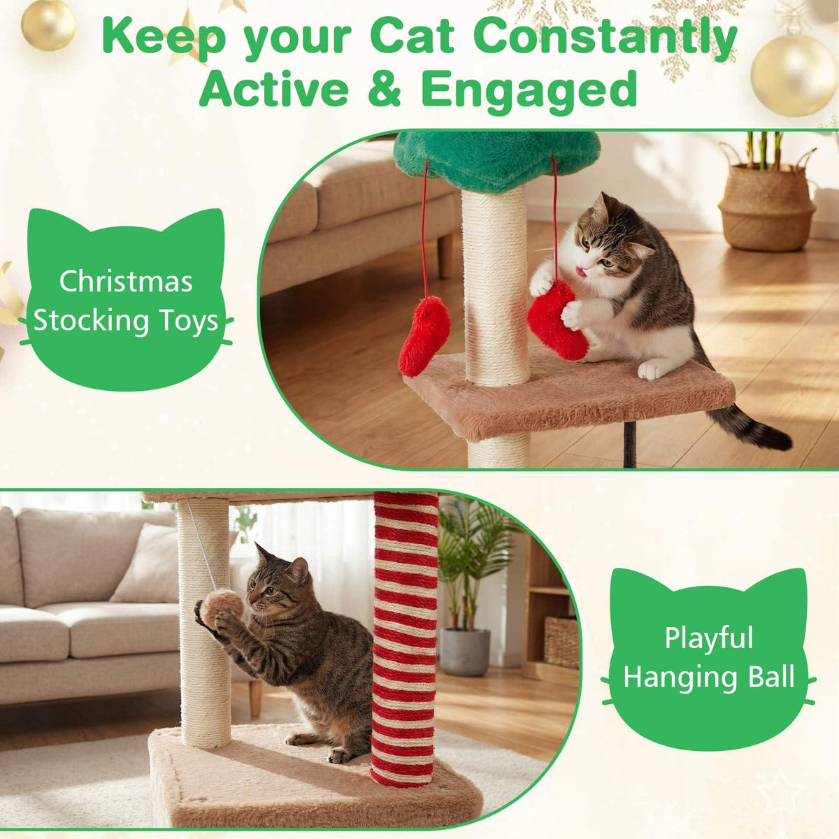 Christmas Cat Tree, 132 cm Multi-Level Cat Tower with Cat Condo