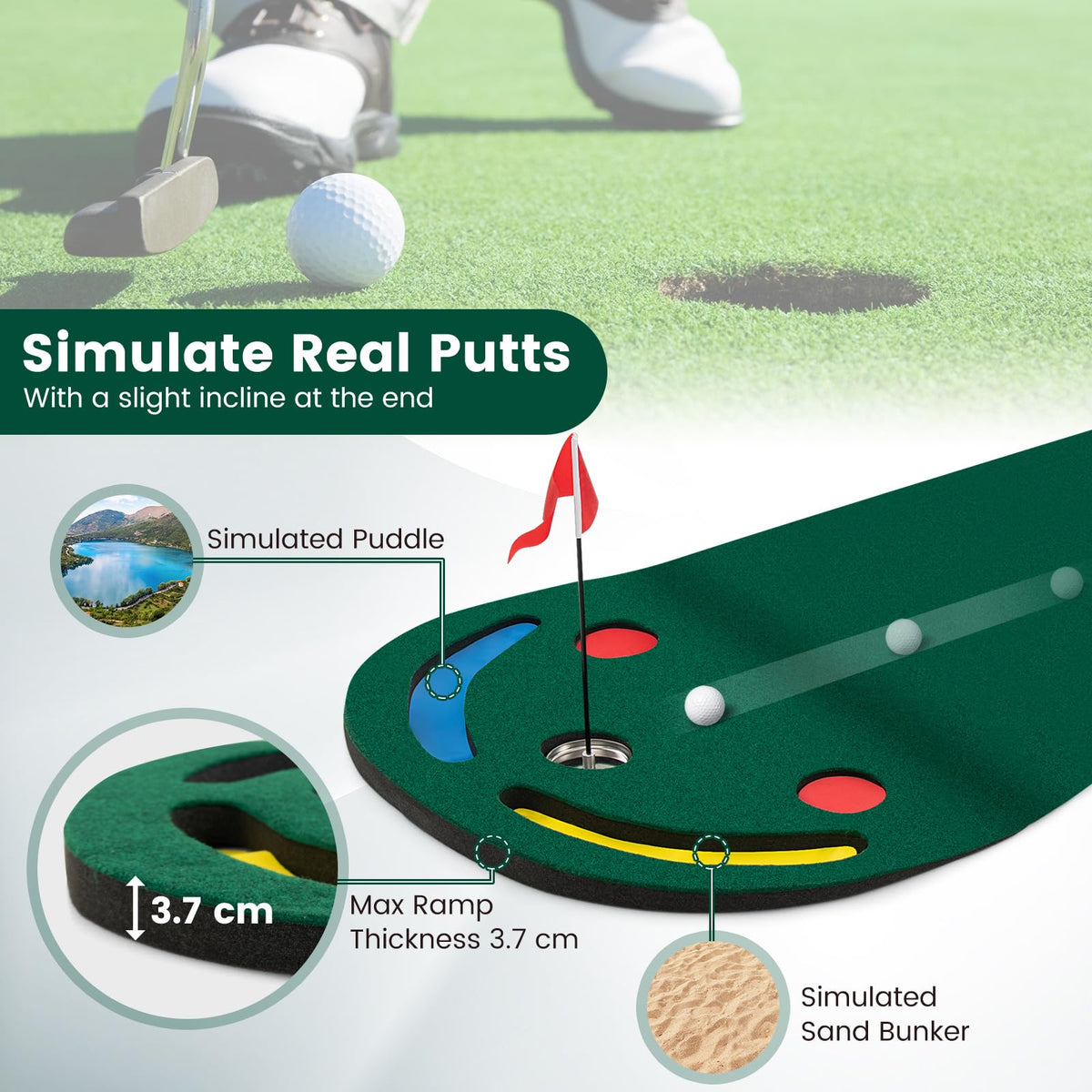 Golf Putting Green Set, Par Three Putting Mat with 3 Putting Cups