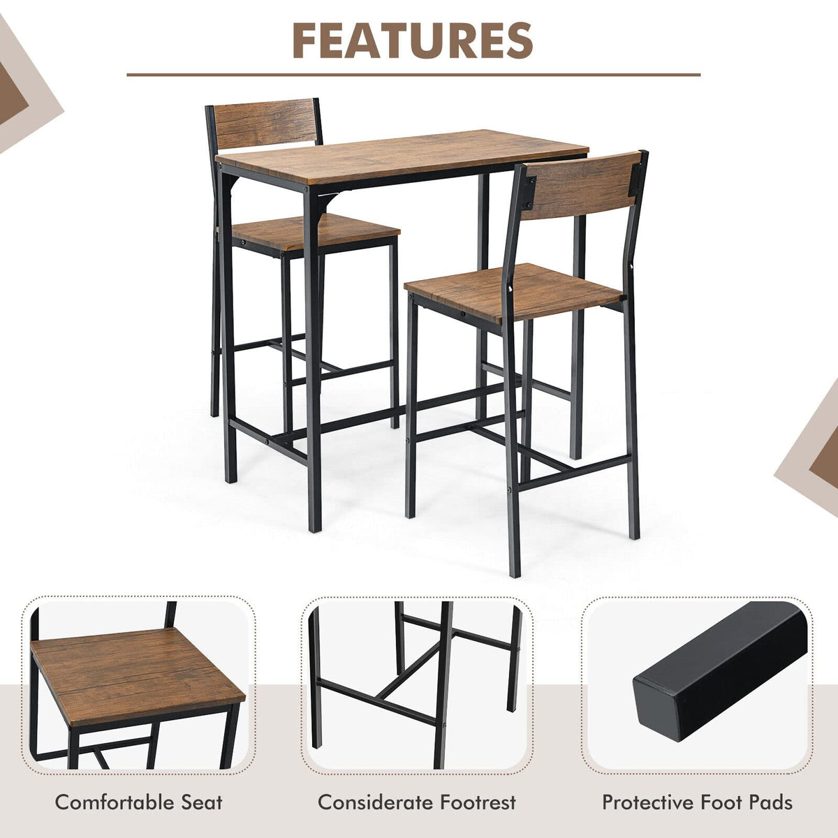 Giantex 3 Pieces Bar Table Set, Counter Height Bistro Table with 2 Stools, Rustic Brown & Black