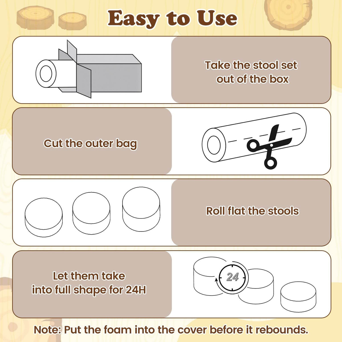 3-Piece Kids Floor Cushions with Wood Printing Nature Decoration