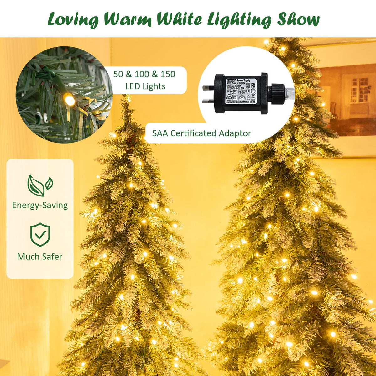 90cm/120cm/150cm Artificial Xmas Tree with PVC Branch Tips & Warm White LED Lights