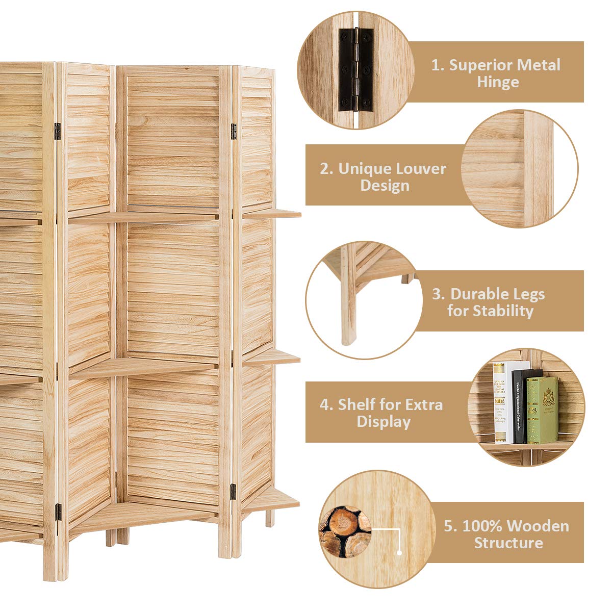 Giantex 4-Panel Room Divider, Portable Partition Screen w/Removable Storage Shelves