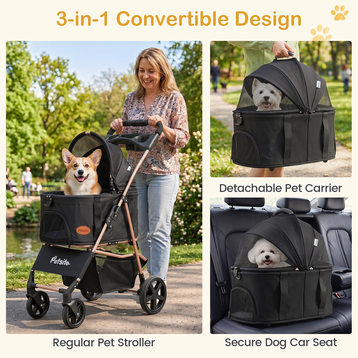 3-in-1 Pet Stroller for Dogs with Detachable Carrier and Cup Holder