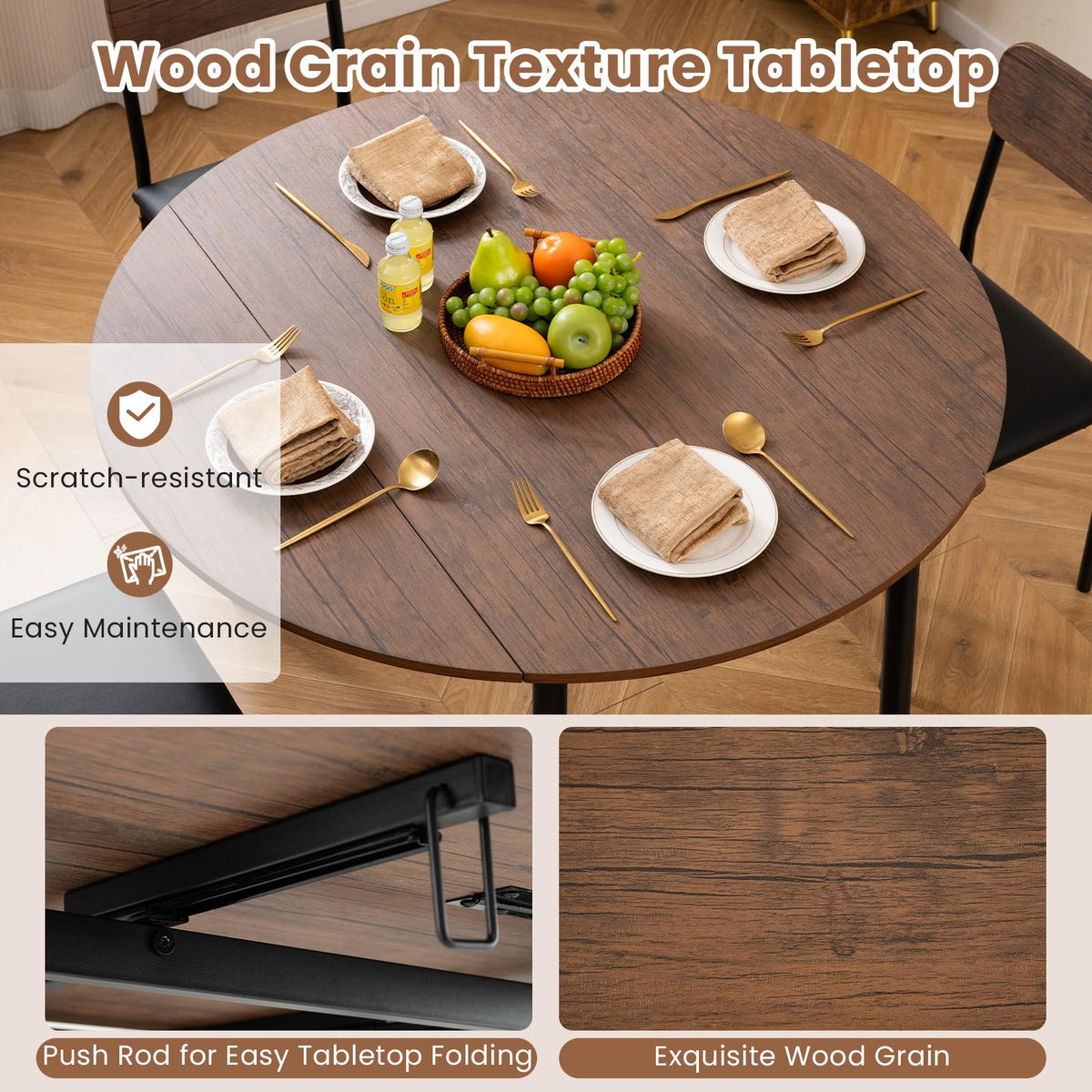 Round Kitchen Table Set w/Drop Leaf Tabletop