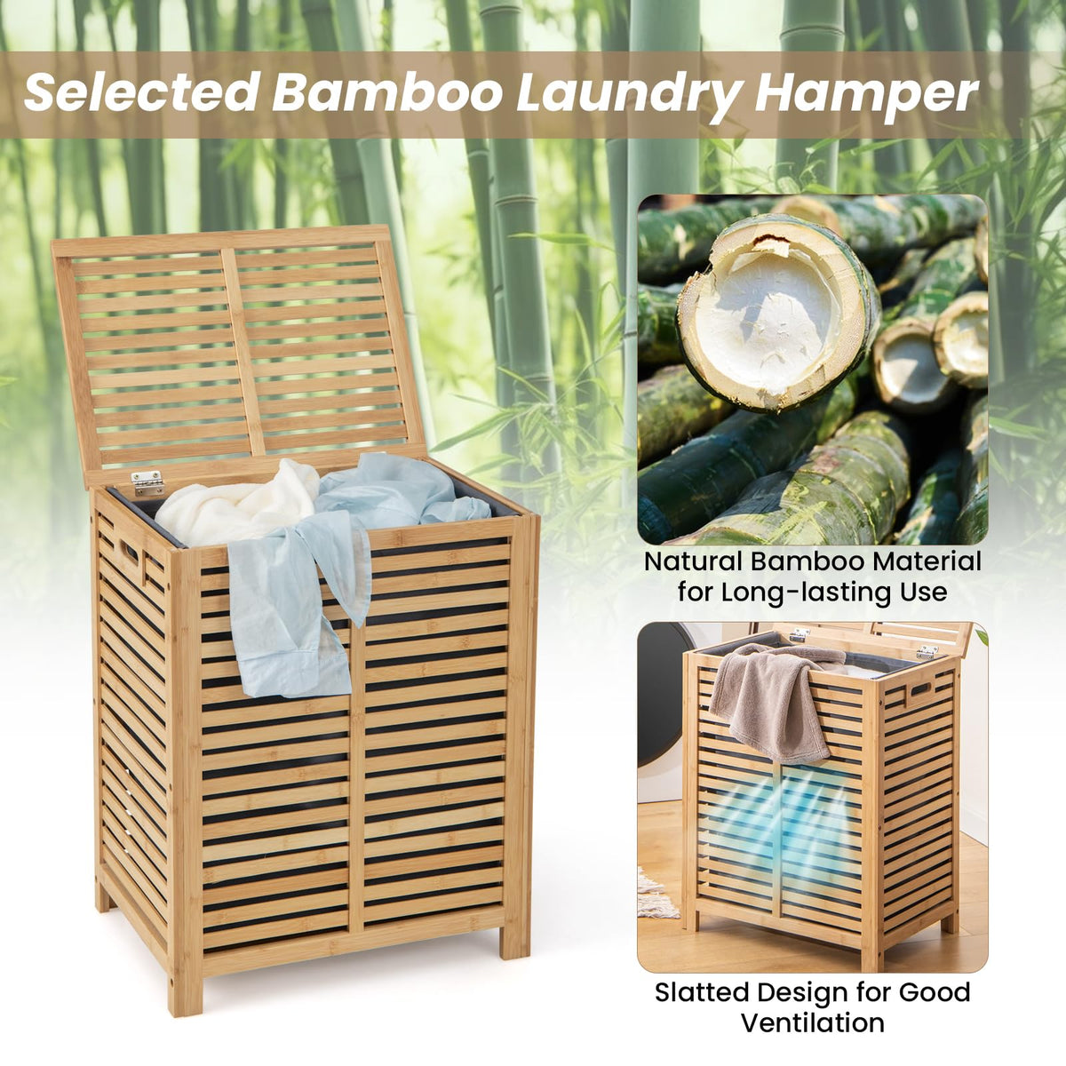 80L Bamboo Laundry Hamper with Liner and Handles