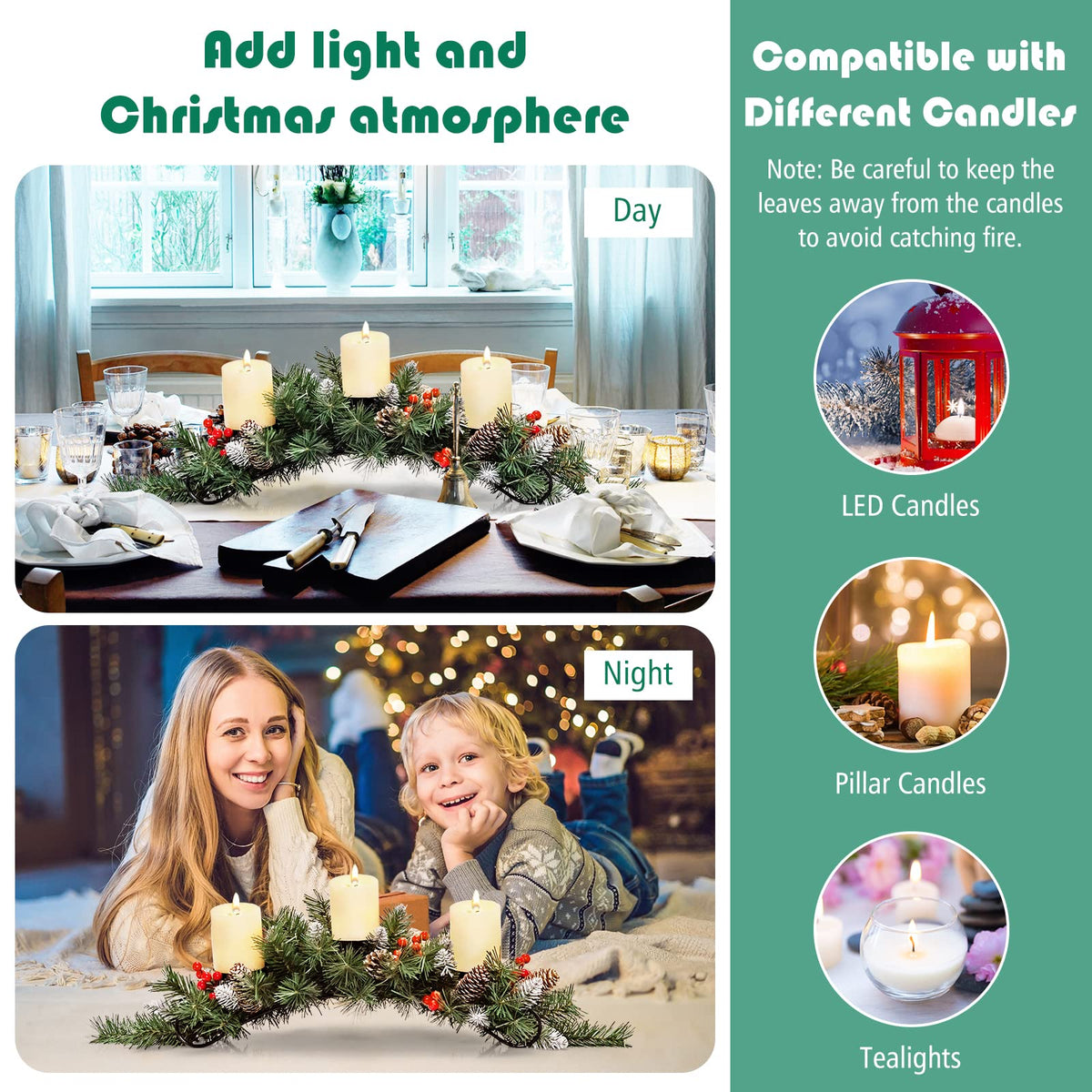 Artificial Christmas Tabletop Centerpiece with 3 Candle Holders