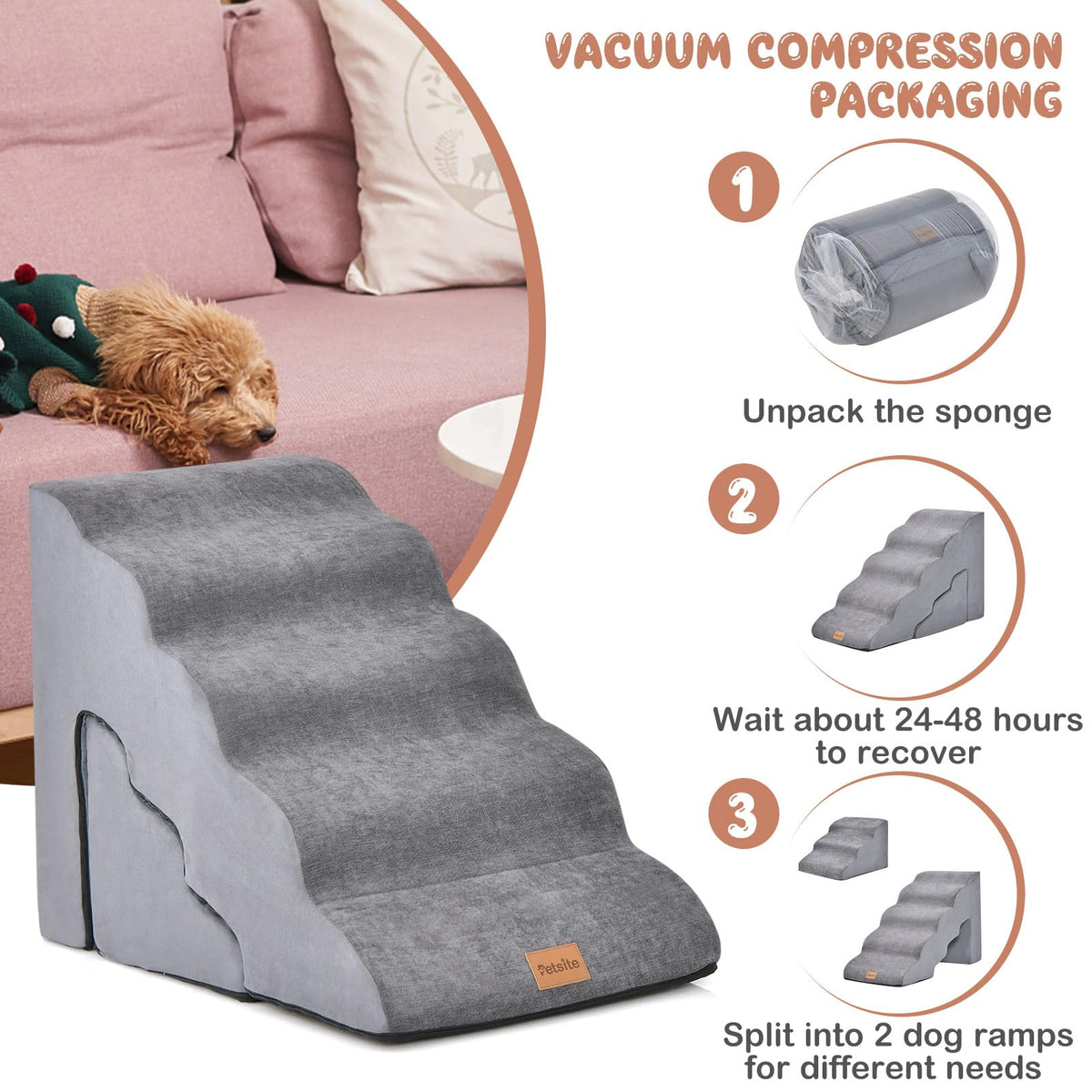 Foam Pet Stairs Set w/5-Tier & 3-Tier Dog Ramps, Non-Slip & Gentle-Slope Wide Dog Steps