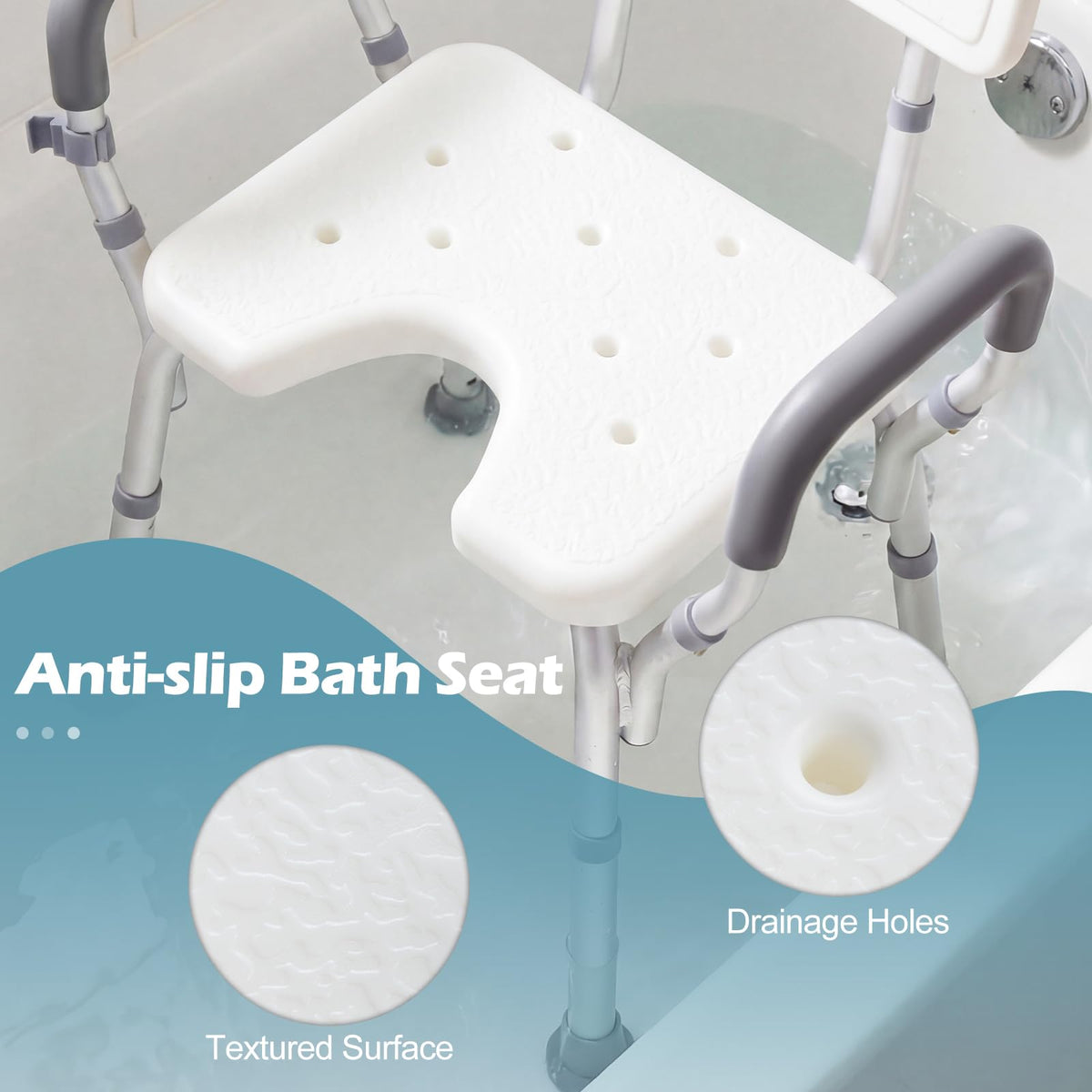 Height-adjustable hower Chair with Backrest and Padded Armrests