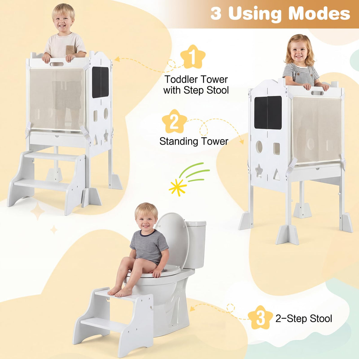 Foldable Toddler Tower with 3 Using Modes Step Stool Standing Kitchen Tower