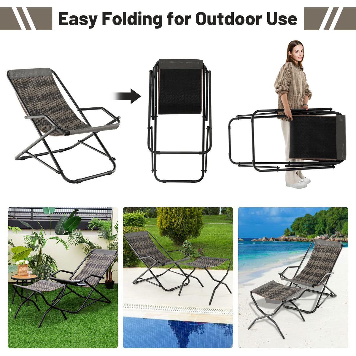Outdoor PE Wicker Folding Sling Chair with Armrests and Metal Frame