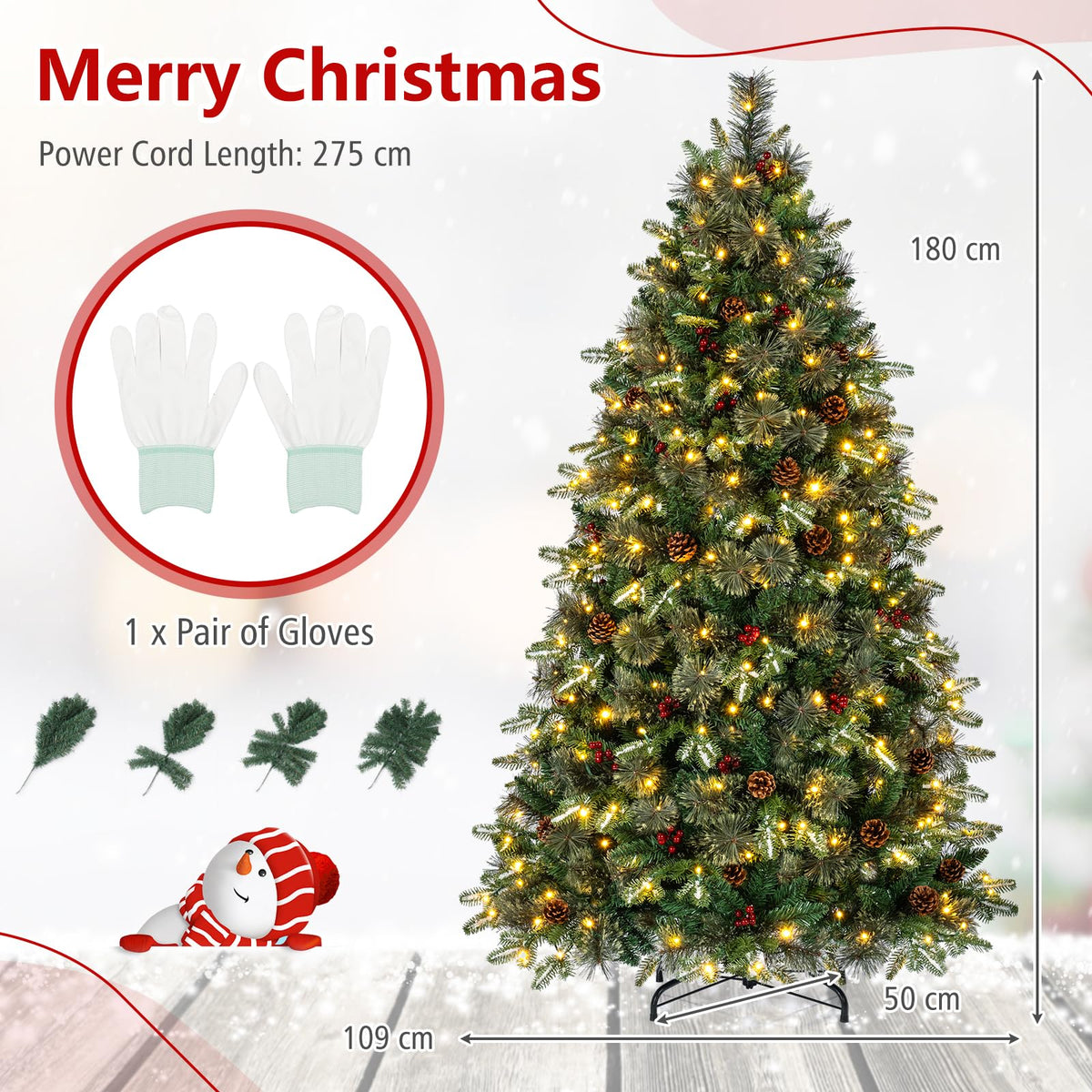 180cm Balsam Fir Christmas Tree Pre-Lit Hinged with Pine Cones and Berries