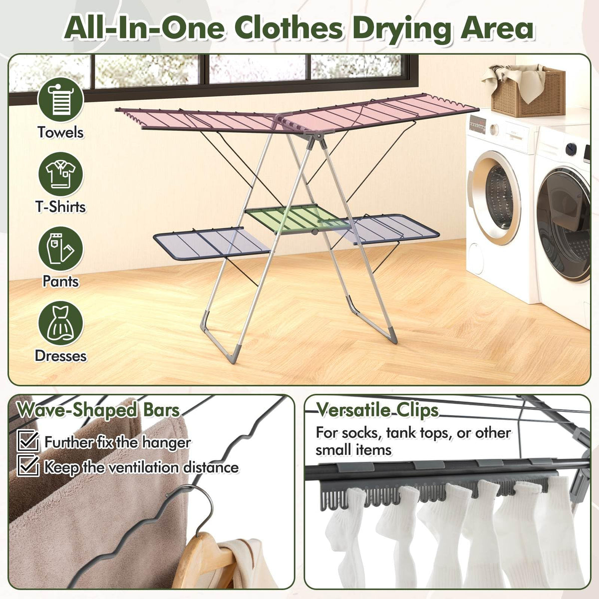 2-Tier Foldable Clothes Drying Rack Clothing Laundry Rack Airer Dryer Stand