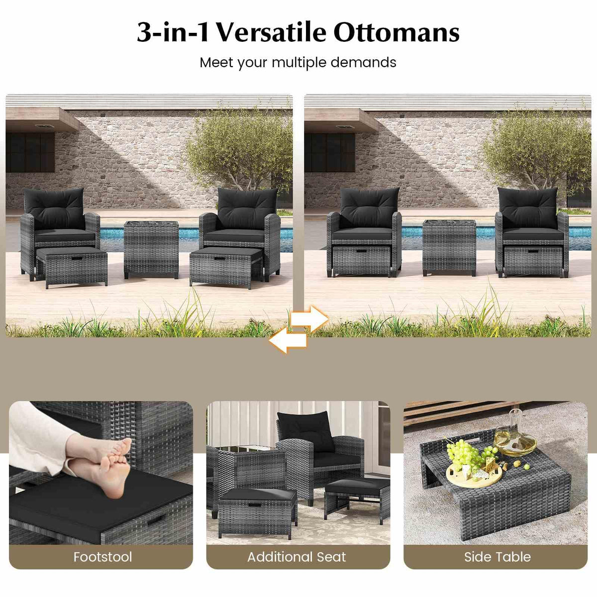 Outdoor 5 Piece Patio Rattan Furniture Setting for Poolside Backyard Lawn & Deck