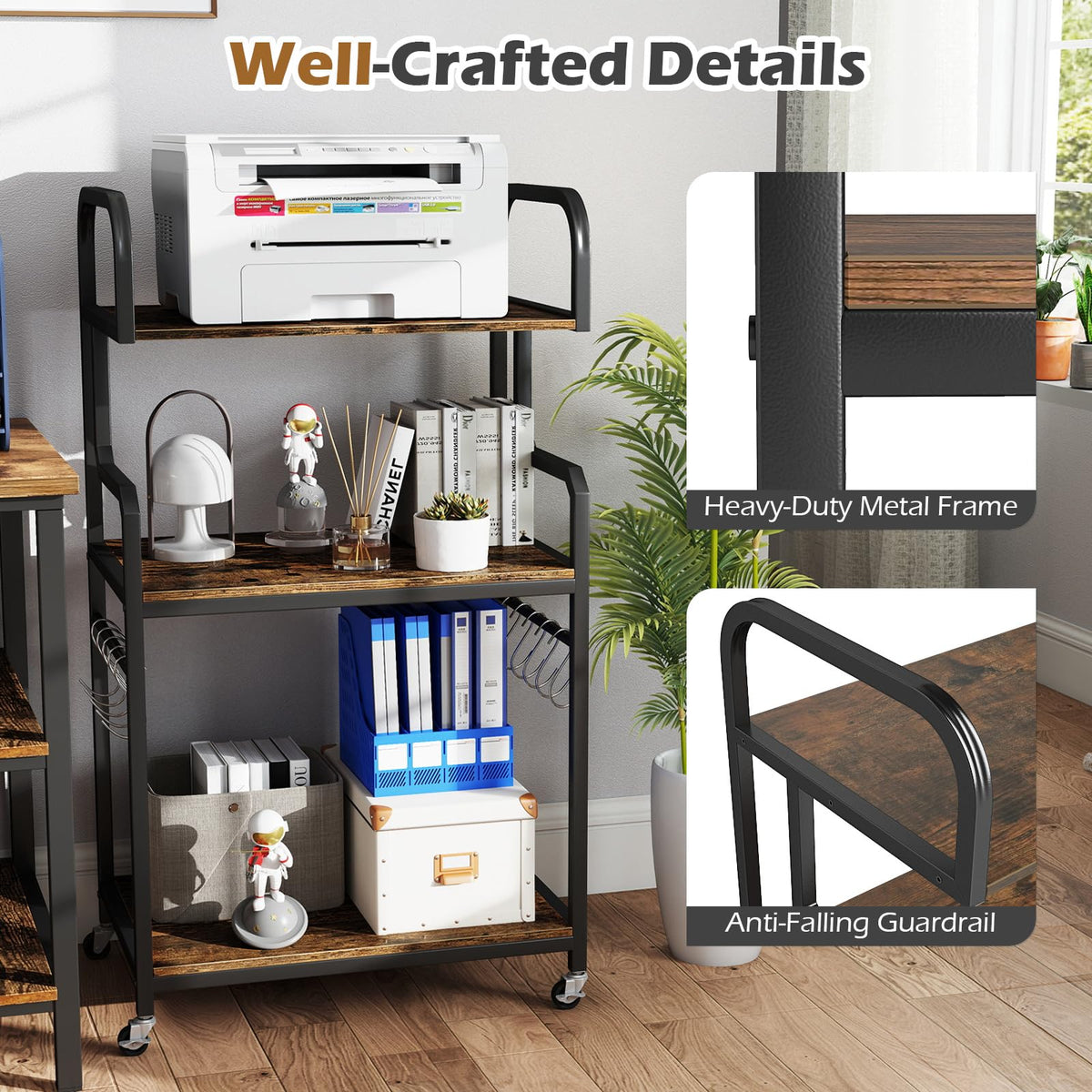 3-Tier Rolling Printer Stand, Home Office Large Printer Cart w/Storage Shelves