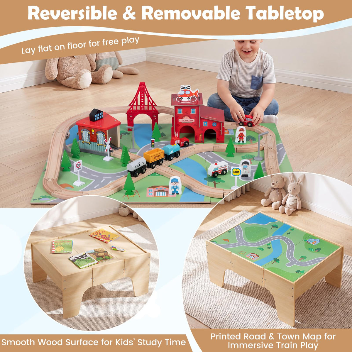 63-Piece Kids Wooden Train Table with Storage Drawer for Game Room