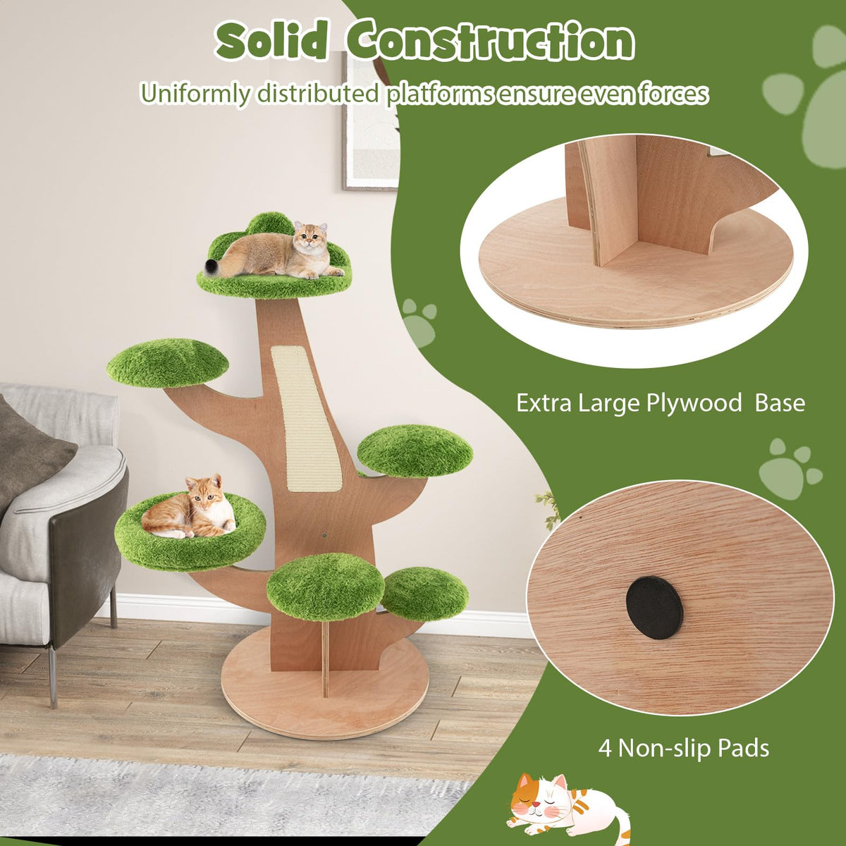 1.3M Pine Shape Cat Tree for Indoor Cats, Cute Multi-Level Cat Tower w/Sisal Scratching Board