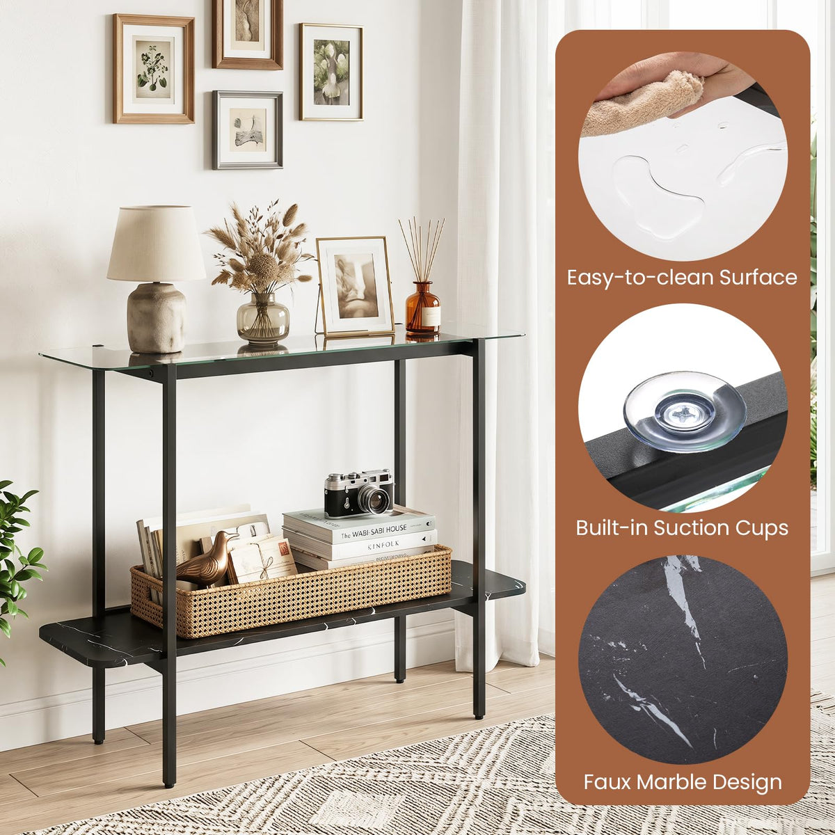 100cm Console Table with Storage Shelf and Tempered Glass Top for Hallway