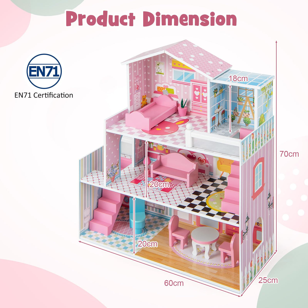 Kids Wooden Dollhouse with 5 Simulated Rooms & 10 Pieces of Furniture