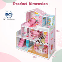 Kids Wooden Dollhouse with 5 Simulated Rooms & 10 Pieces of Furniture