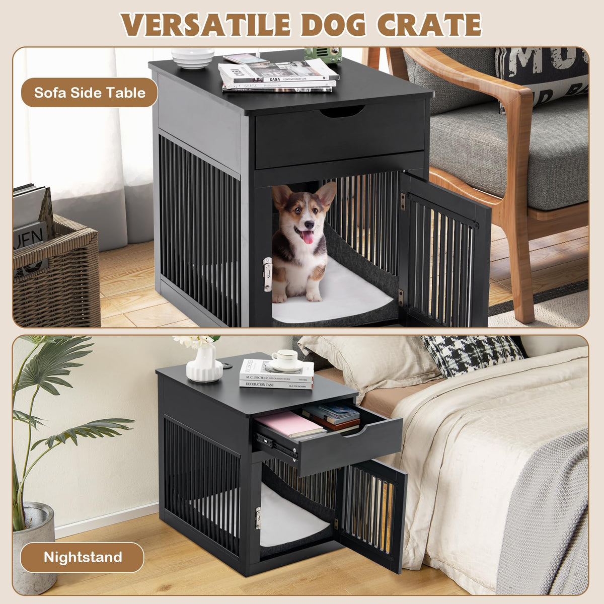 Decorative Dog Kennel End Table with Wired & Wireless Charging