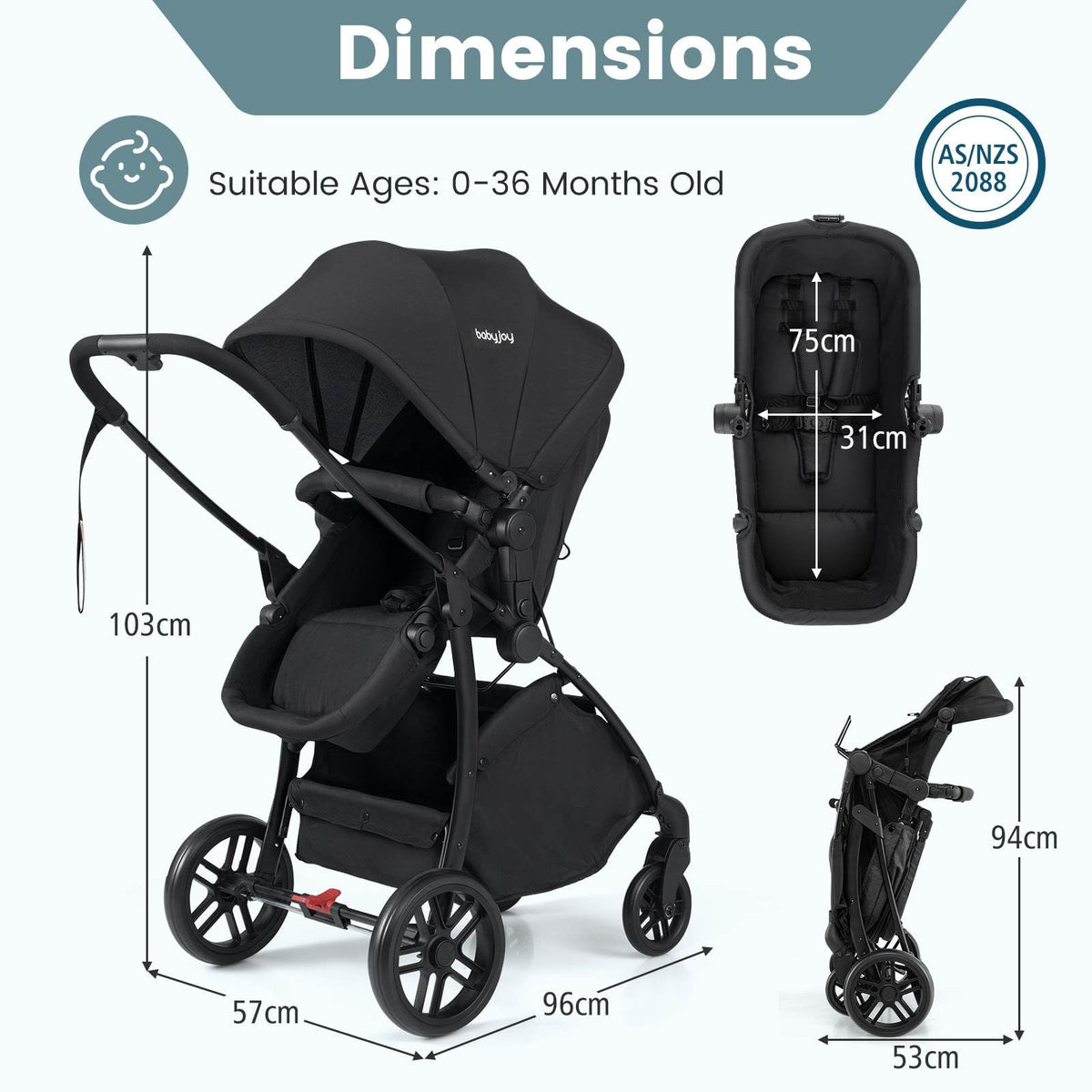 2-in-1 Foldable Baby Stroller with Reversible Seat and Adjustable Backrest