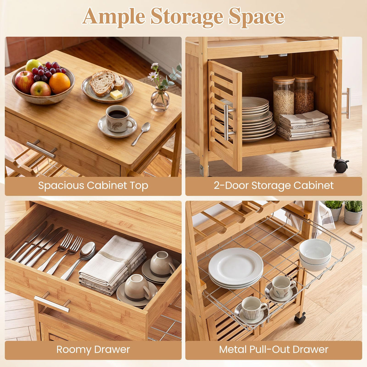 Giantex Bamboo Rolling Kitchen Island Trolley with Storage Cabinet
