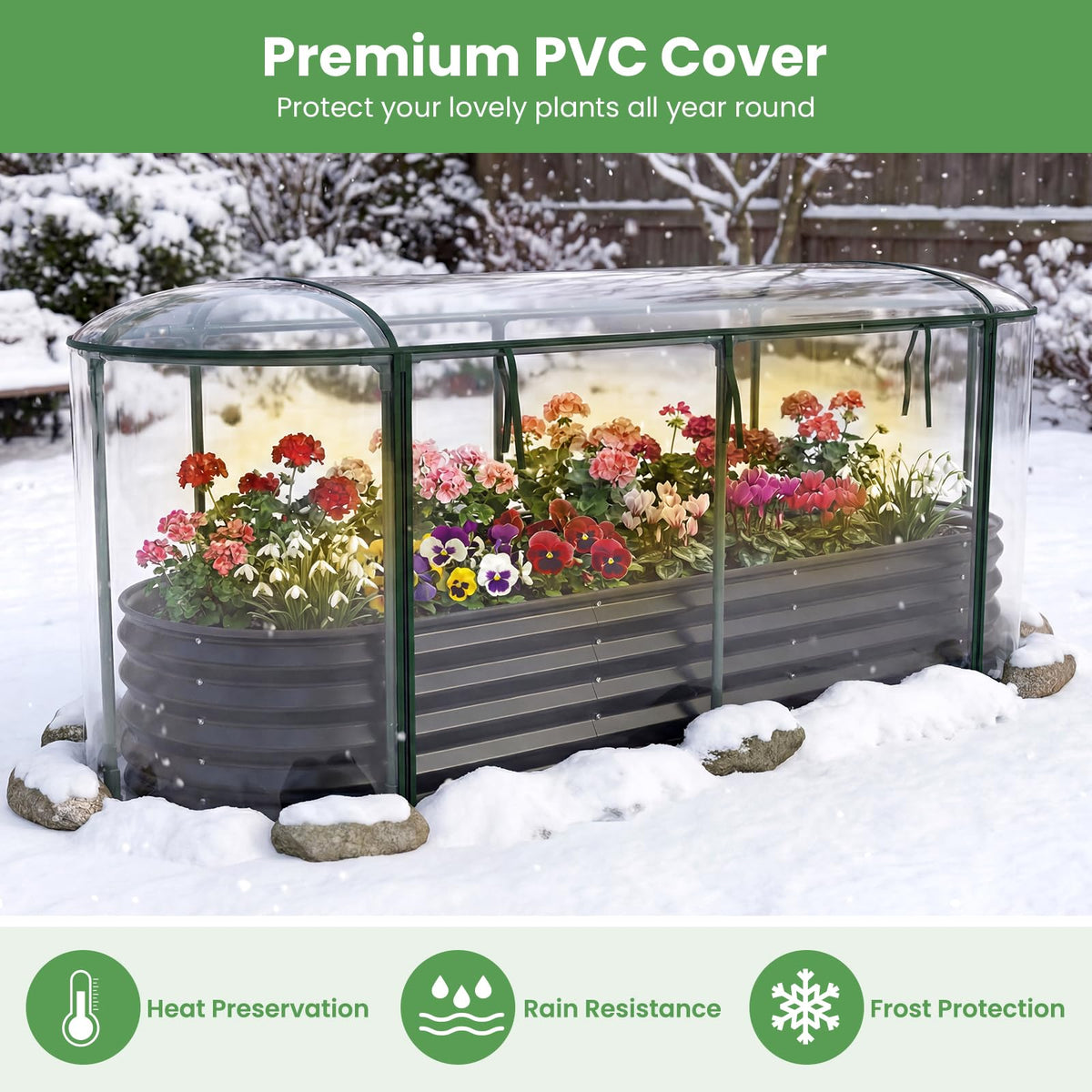 Galvanised Raised Garden Bed with Greenhouse Cover and Roll-up Window
