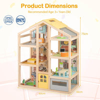 Wooden Dollhouse for Kids, Modern Family Pretend Playhouse w/Furniture Pieces & Figures