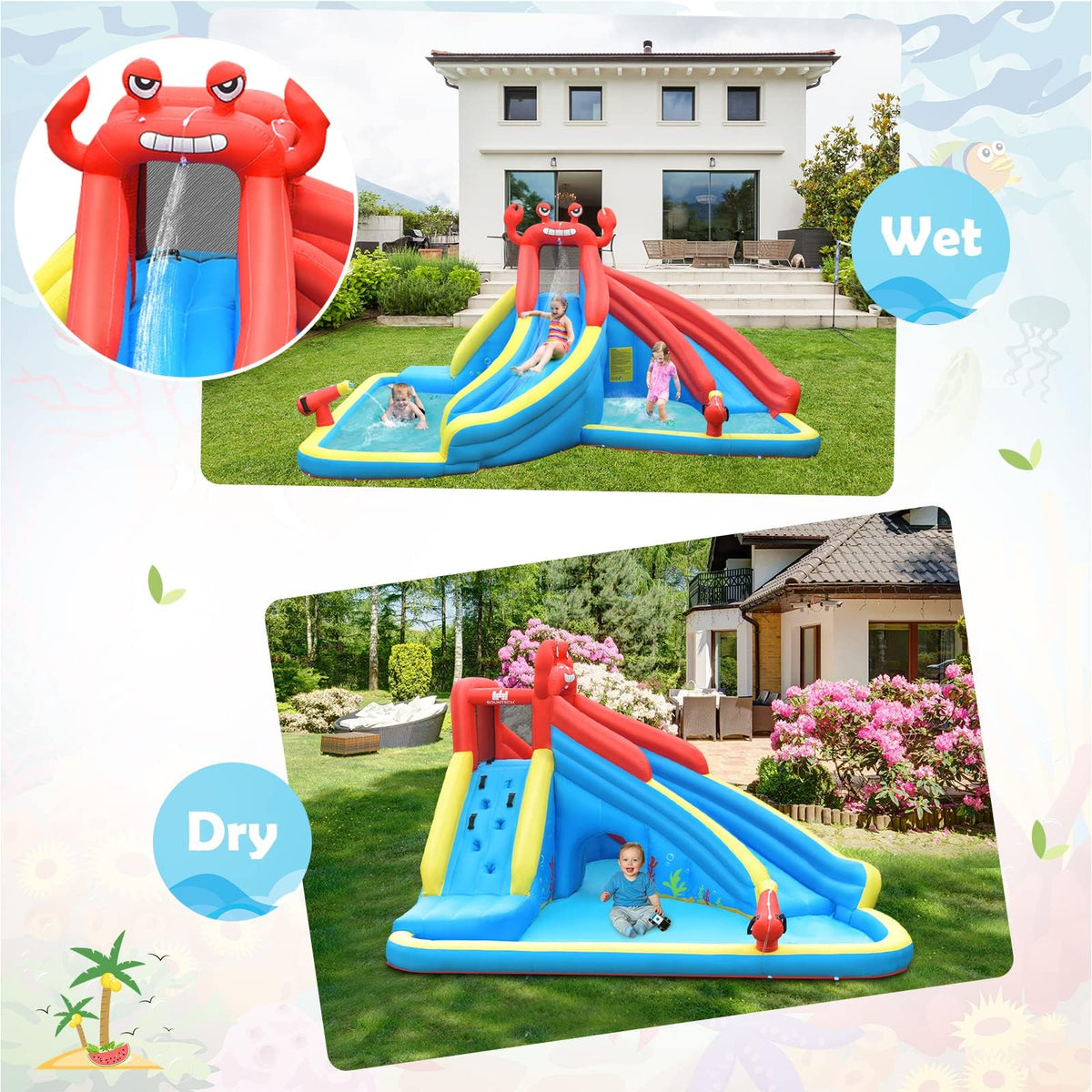 Inflatable Water Slide, 7 in 1 Giant Water Park Double Long Slide w/Splash Pool, Tunnel Adventure (with 750W Blower)