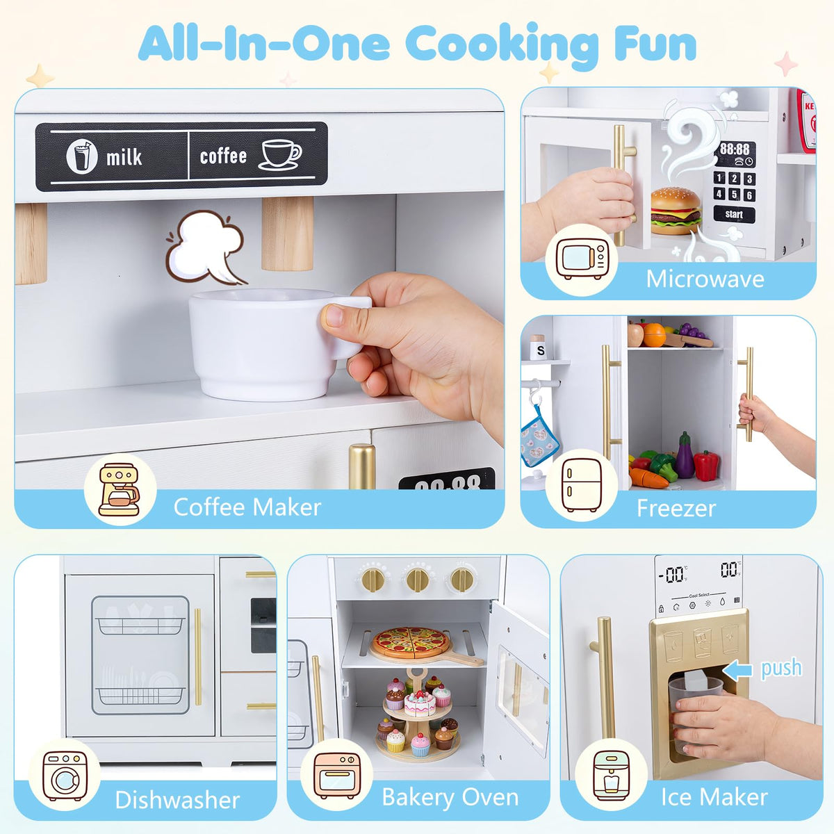 Wooden Play Kitchen with Lights & Sounds and Sink Stove Oven for Kids Ages 3+